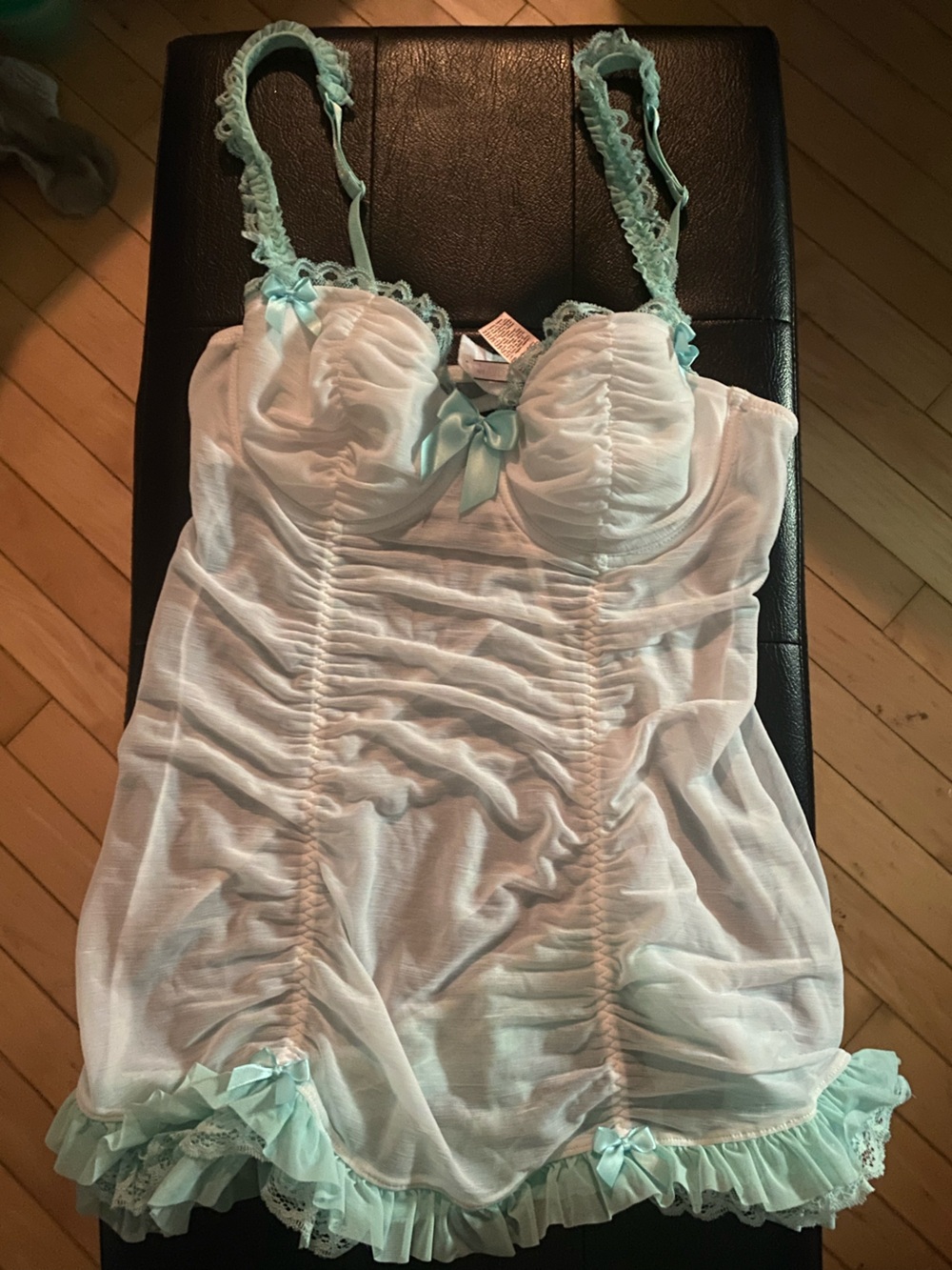 Y2K BABYDOLL La SENZA White Chemise with Light Blue Lace & Bow Accentse